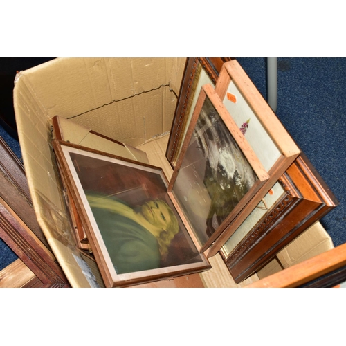 463 - FIVE BOXES OF UPHOLSTERY TEXTILES AND PICTURE FRAMES, to include a quantity of ginger coconut coir, ... 