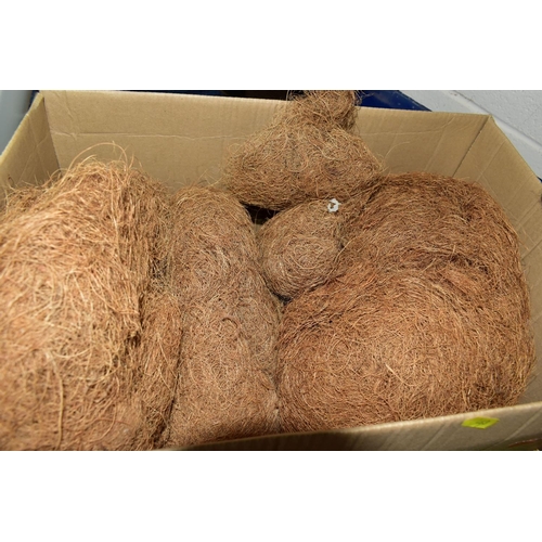 463 - FIVE BOXES OF UPHOLSTERY TEXTILES AND PICTURE FRAMES, to include a quantity of ginger coconut coir, ... 