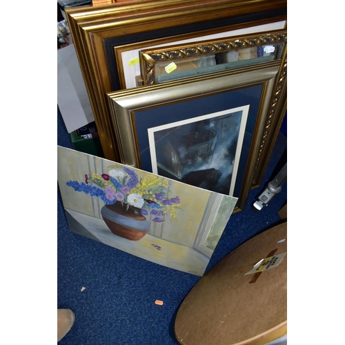 464 - THREE BOXES OF PICTURES, BOOKS, AND HOUSEHOLD SUNDRIES, to include a four piece set of stainless ste... 