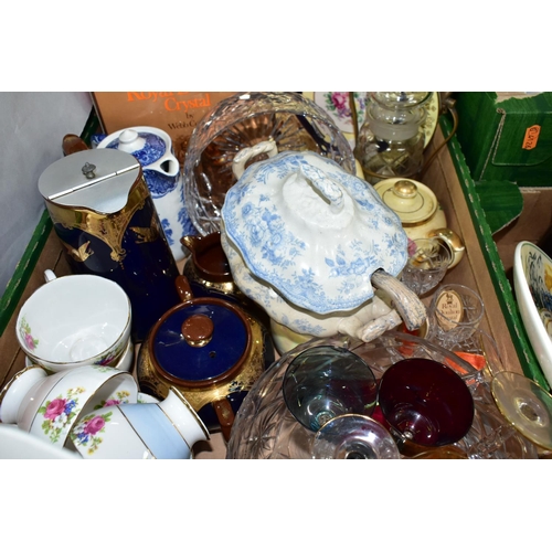 467 - THREE BOXES OF CERAMICS AND GLASSWARE,  to include a Royal Doulton crystal dish, six sherry glasses,... 