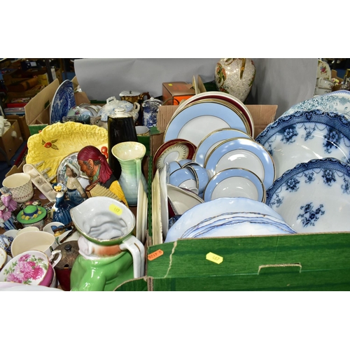 467 - THREE BOXES OF CERAMICS AND GLASSWARE,  to include a Royal Doulton crystal dish, six sherry glasses,... 