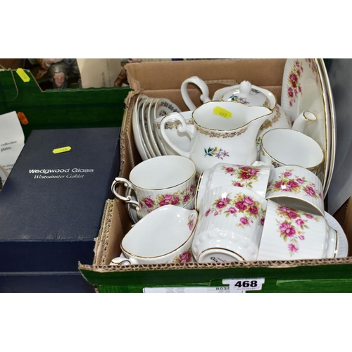 468 - FOUR BOXES OF CERAMICS AND ORNAMENTS, to include a Royal Grafton fine bone china tea set, a Silver J... 