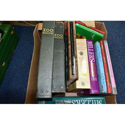 470 - BOOKS & MAGAZINES, four boxes containing a collection of thirty-six books to include antiques and co... 