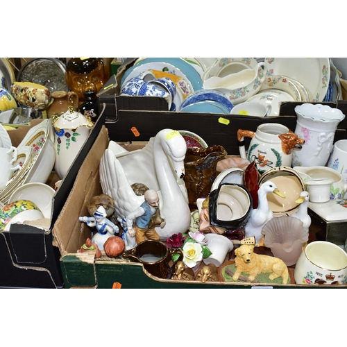 471 - FIVE BOXES OF CERAMICS AND COLOURED GLASS,  to include a Carlton Ware butter dish, an Arthur Wood sw... 