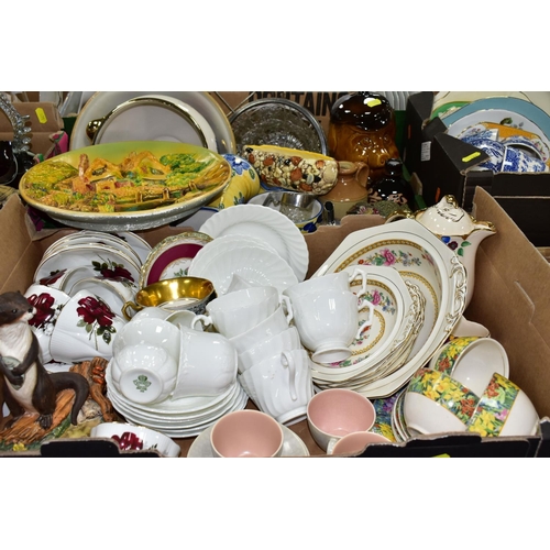 471 - FIVE BOXES OF CERAMICS AND COLOURED GLASS,  to include a Carlton Ware butter dish, an Arthur Wood sw... 