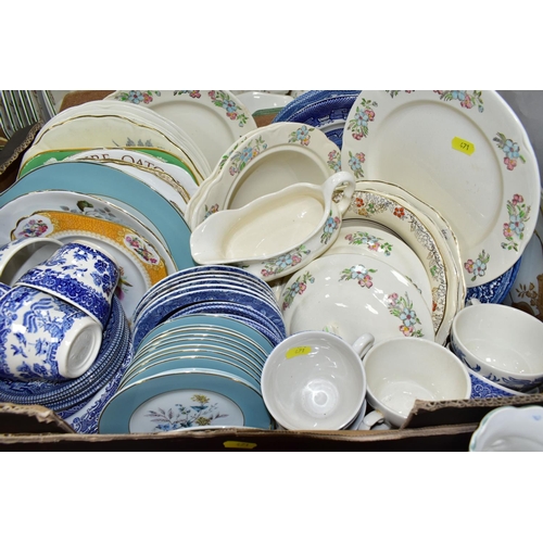 471 - FIVE BOXES OF CERAMICS AND COLOURED GLASS,  to include a Carlton Ware butter dish, an Arthur Wood sw... 