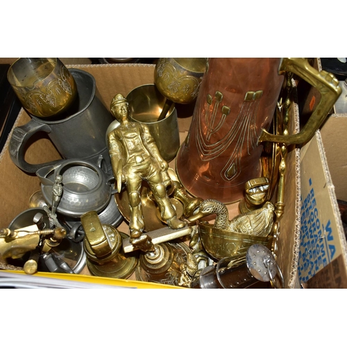 474 - SEVEN BOXES OF BRASSWARE, TREEN AND ASTON VILLA PROGRAMMES, to include fireside brassware, brass pla... 