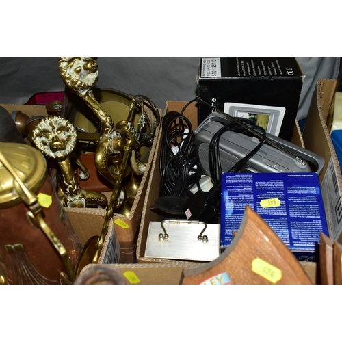 474 - SEVEN BOXES OF BRASSWARE, TREEN AND ASTON VILLA PROGRAMMES, to include fireside brassware, brass pla... 