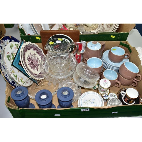 477 - TWO BOXES OF CERAMICS AND SUNDRIES, to include a Denby-Langley stoneware coffee set, one coffee pot,... 