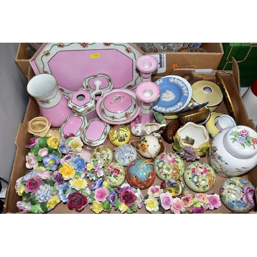 480 - THREE BOXES OF CERAMICS AND GLASSWARE, to include eleven bone china flower baskets and pots, nine la... 