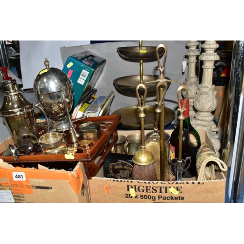 481 - THREE BOXES OF METALWARE AND  BOOKS, to include a quantity of stainless steel cutlery, a Parkin Silv... 