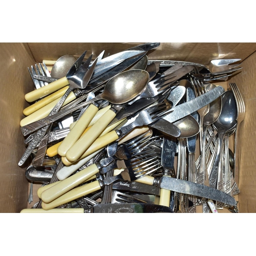 481 - THREE BOXES OF METALWARE AND  BOOKS, to include a quantity of stainless steel cutlery, a Parkin Silv... 