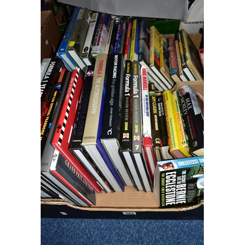 482 - MOTOR RACING BOOKS, two boxes containing approximately thirty-five titles to include Formula 1 yearb... 