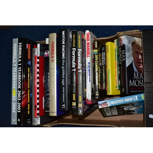 482 - MOTOR RACING BOOKS, two boxes containing approximately thirty-five titles to include Formula 1 yearb... 