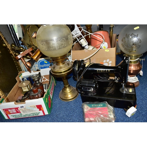 485 - THREE BOXES OF LAMPS AND MISCELLANEOUS ITEMS, to include an early electric Singer sewing machine, tw... 