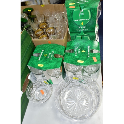 492 - FOUR BOXES AND LOOSE ASSORTED GLASSWARE AND A FLOORSTANDING METAL AND GLASS TEA LIGHT HOLDER, the gl... 