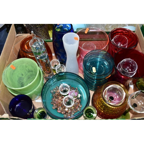 492 - FOUR BOXES AND LOOSE ASSORTED GLASSWARE AND A FLOORSTANDING METAL AND GLASS TEA LIGHT HOLDER, the gl... 