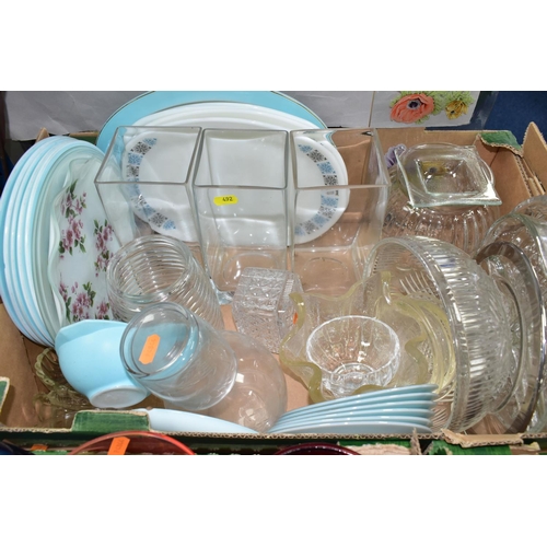 492 - FOUR BOXES AND LOOSE ASSORTED GLASSWARE AND A FLOORSTANDING METAL AND GLASS TEA LIGHT HOLDER, the gl... 