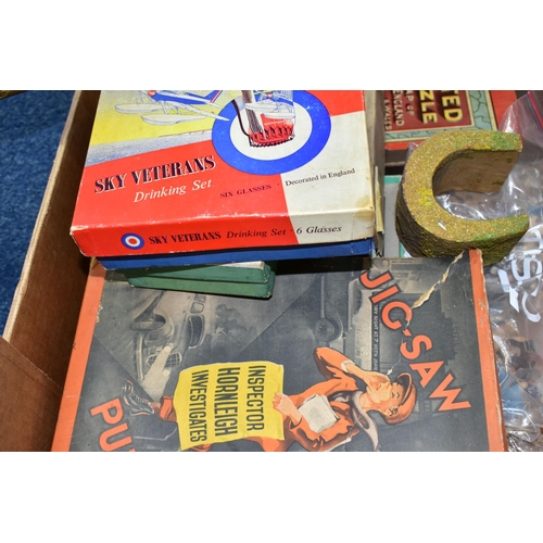 493 - THREE BOXES OF VINTAGE TOYS AND GAMES, to include a boxed Pelham Puppet Witch, in distressed box and... 