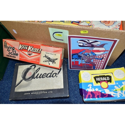 498 - THREE BOXES OF VINTAGE TOYS AND GAMES, including a Playcraft Television Favourites Oil Painting By N... 