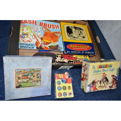 498 - THREE BOXES OF VINTAGE TOYS AND GAMES, including a Playcraft Television Favourites Oil Painting By N... 