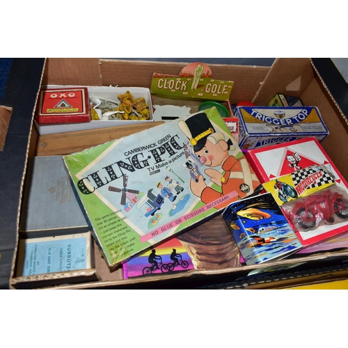 498 - THREE BOXES OF VINTAGE TOYS AND GAMES, including a Playcraft Television Favourites Oil Painting By N... 