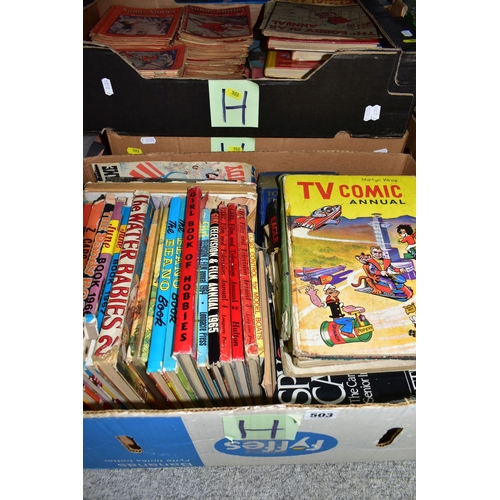 503 - THREE BOXES OF VINTAGE CHILDREN'S BOOKS AND ANNUALS, including a box containing Enid Blyton 'Sunny S... 