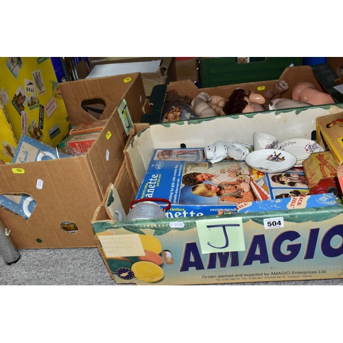 504 - THREE BOXES OF VINTAGE DOLL INTEREST ITEMS, including a 1960s Roddy doll in a yellow card suitcase s... 