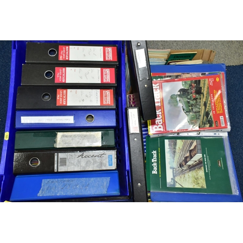 505 - TWO BOXES OF RAILWAY INTEREST ITEMS AND MAGAZINES, one box containing ten folders of Back Track maga... 