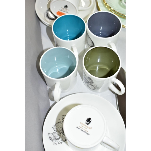 507 - THREE AYNSLEY FRUIT DESIGN DINNER PLATES, WEDGWOOD SUSIE COOPER DESIGN COFFEE WARES, A PALE GREEN AN... 