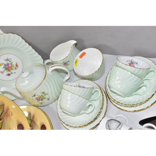 507 - THREE AYNSLEY FRUIT DESIGN DINNER PLATES, WEDGWOOD SUSIE COOPER DESIGN COFFEE WARES, A PALE GREEN AN... 