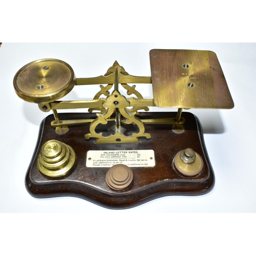 517 - THREE BOXES AND LOOSE METALWARES, TREEN, ETC, including a reproduction set of brass postal scales wi... 