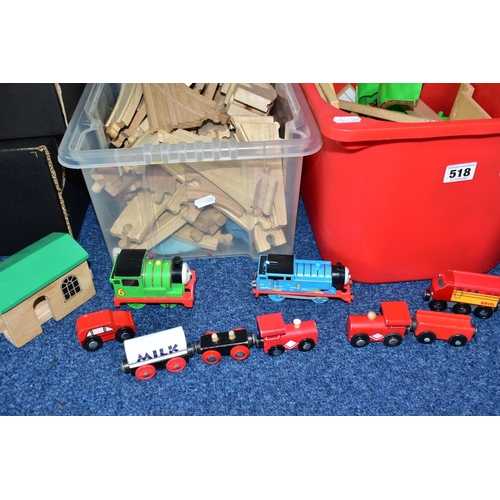 518 - THREE BOXES OF CHILDREN'S WOODEN RAILWAY TRACK, TRAINS, BUILDINGS, ETC, including a small element of... 