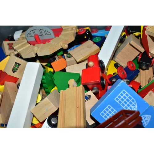 518 - THREE BOXES OF CHILDREN'S WOODEN RAILWAY TRACK, TRAINS, BUILDINGS, ETC, including a small element of... 