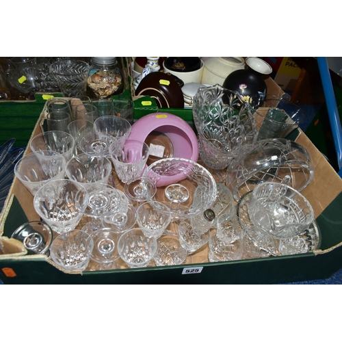 525 - FIVE BOXES OF CERAMICS AND GLASSWARE, to include a large cut crystal punch bowl on feet, diameter 28... 