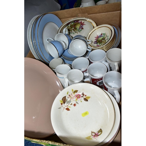 525 - FIVE BOXES OF CERAMICS AND GLASSWARE, to include a large cut crystal punch bowl on feet, diameter 28... 