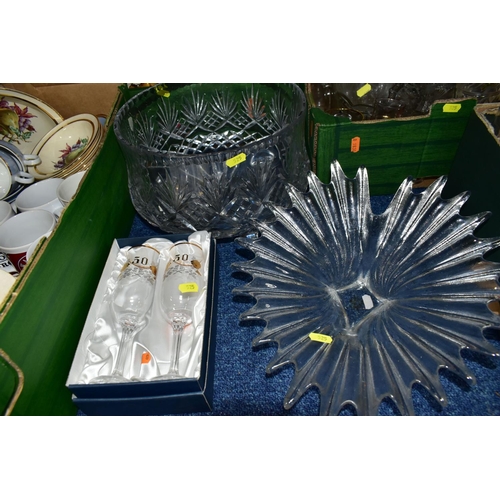 525 - FIVE BOXES OF CERAMICS AND GLASSWARE, to include a large cut crystal punch bowl on feet, diameter 28... 