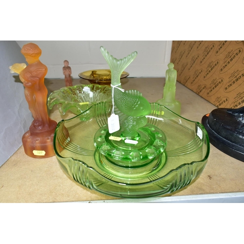 527 - A GROUP OF  ART DECO COLOURED GLASS FLOWER FROGS TOGETHER WITH THREE BOWLS, a green Josef Inwald bow... 