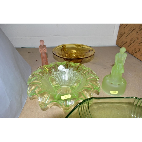 527 - A GROUP OF  ART DECO COLOURED GLASS FLOWER FROGS TOGETHER WITH THREE BOWLS, a green Josef Inwald bow... 