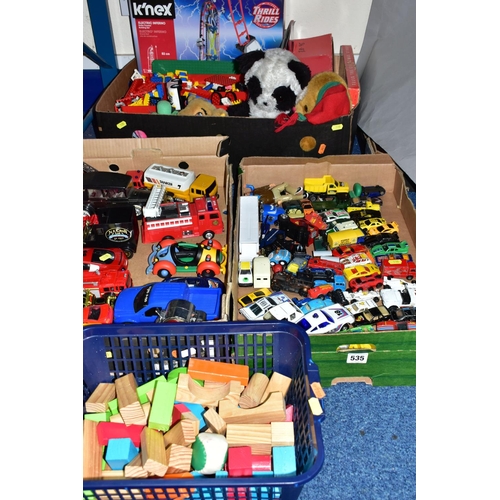 535 - THREE BOXES OF TOY CARS AND LEGO, to include a mixed box of Lego, soft toys, KNEX 'Thrill and Ride',... 