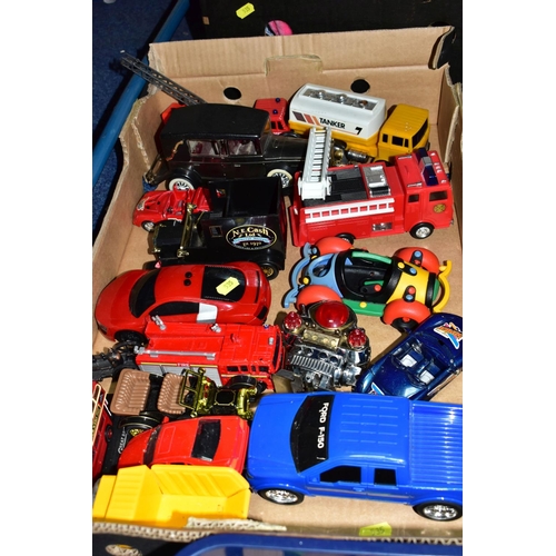 535 - THREE BOXES OF TOY CARS AND LEGO, to include a mixed box of Lego, soft toys, KNEX 'Thrill and Ride',... 