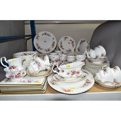 538 - A ROYAL ALBERT 'LAVENDER ROSE' PATTERN DINNER SET, comprising ten dinner plates, ten side plates, on... 