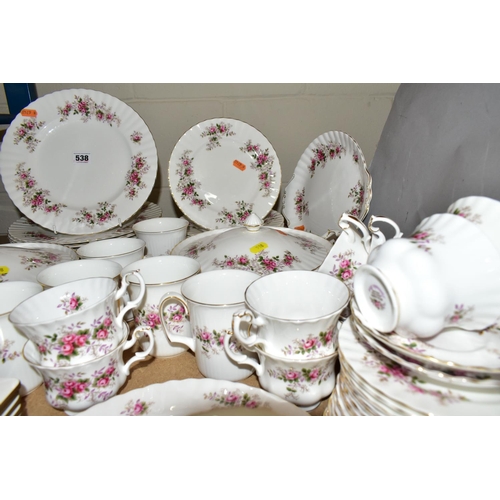 538 - A ROYAL ALBERT 'LAVENDER ROSE' PATTERN DINNER SET, comprising ten dinner plates, ten side plates, on... 