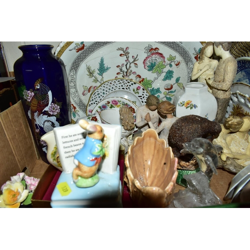 539 - TWO BOXES OF CERAMICS, BREWERIANA AND HOUSEHOLD ORNAMENTS, to include a cast iron sculpture of a mar... 