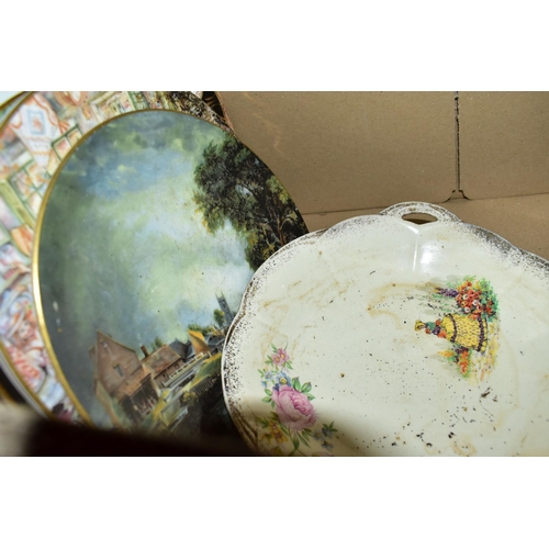 539 - TWO BOXES OF CERAMICS, BREWERIANA AND HOUSEHOLD ORNAMENTS, to include a cast iron sculpture of a mar... 