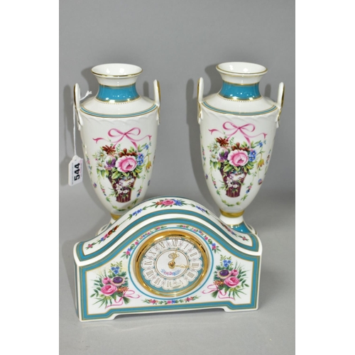 544 - A PAIR OF MINTON ROSE BASKET VASES AND A MINTON ROSE CLOCK, comprising a pair of Minton limited edit... 