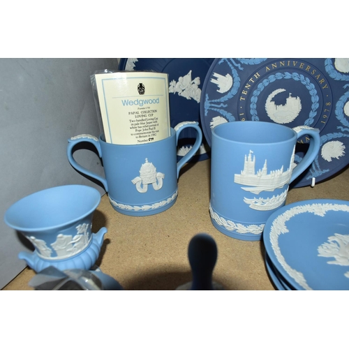 548 - A GROUP OF WEDGWOOD JASPERWARE, to include a limited edition Papal Collection loving cup, with certi... 