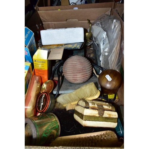 558 - FIVE BOXES AND LOOSE TREEN, METALWARES AND ASSORTED HOUSEHOLD ITEMS, to include a vintage Japanese c... 