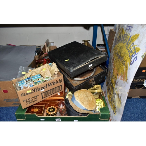 560 - THREE BOXES AND LOOSE BOOKS, GRAMOPHONE, METALWARES AND SUNDRY ITEMS, to include a cased portable gr... 