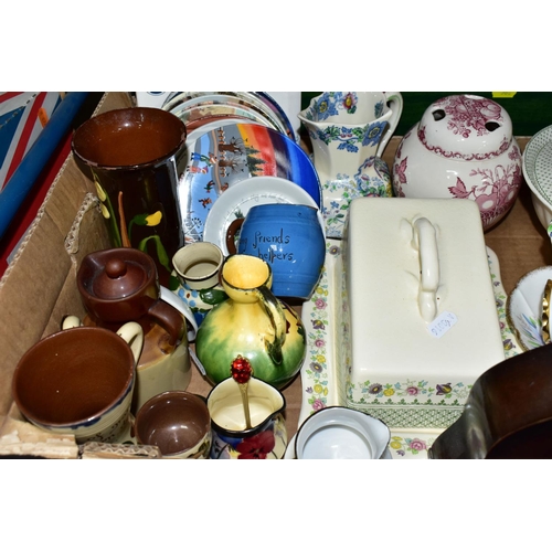 568 - TWO BOXES OF CERAMICS, BOOKS, AND TREEN, to include a Masons Madrigal cheese dish, with a Paynsley p... 